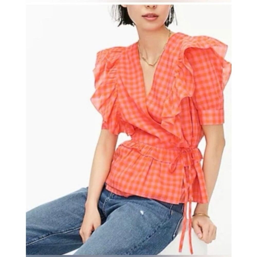 J Crew Reimagined Pink & Orange Peplum Gingham Cotton Ruffle Wrap Blouse Small